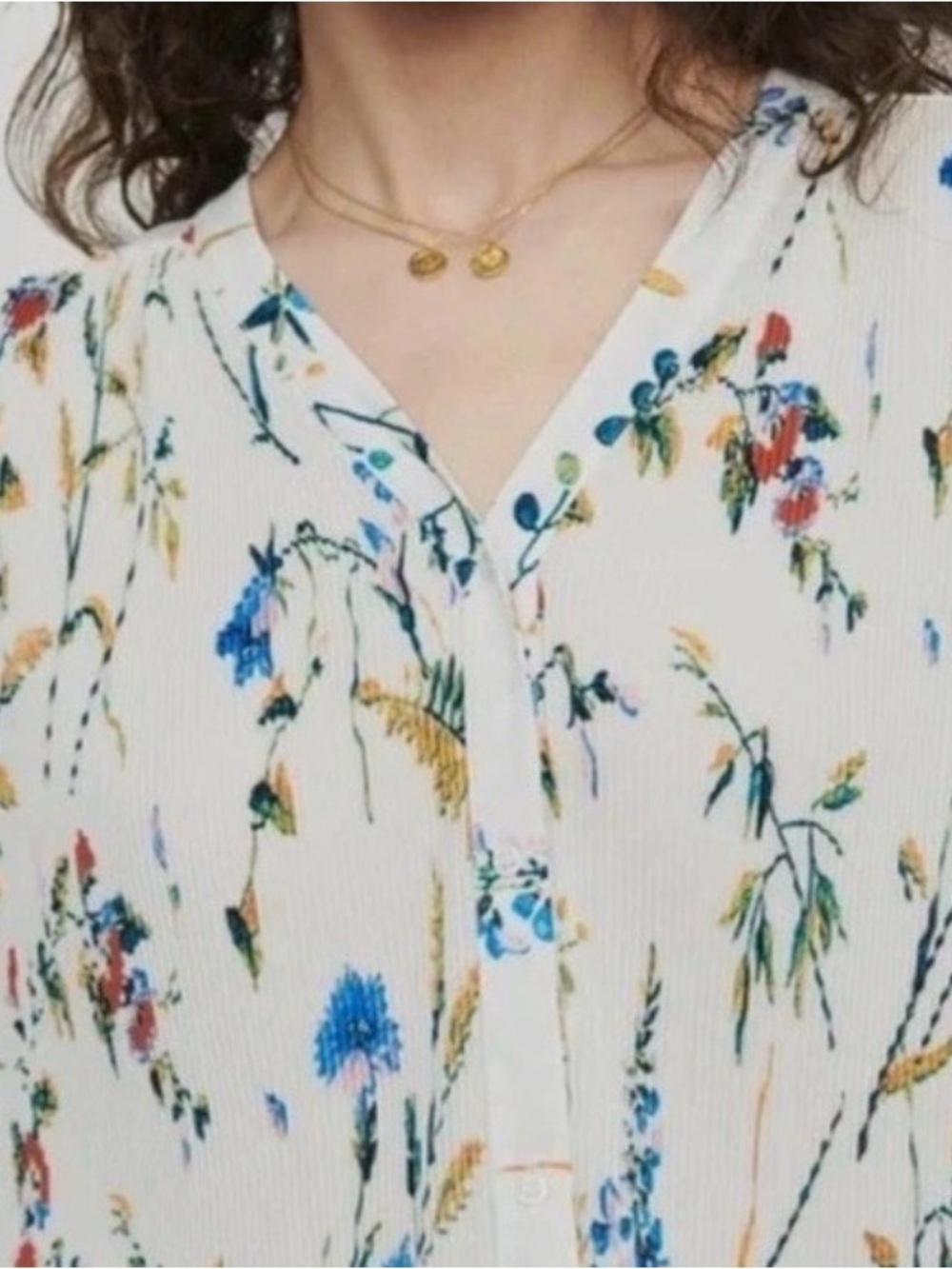 MAJE Larcy Florql Pleated V-Neck Button Front Blouse - White Multi